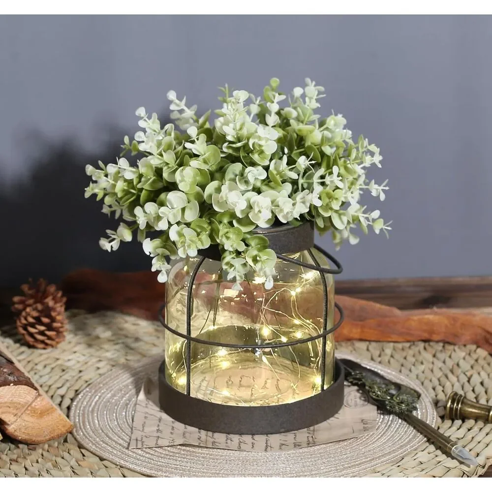 Handmade Rustic Lantern Planter With Artificial Flowers & LED Vintage Glass Vase